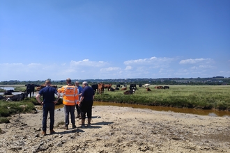 A group of Cappagh staff engaged in a discussion on Nature Reserve. One person is wearing a high-visibility vest. In the backdrop, a herd of cows is grazing on lush green fields under a clear blue sky.