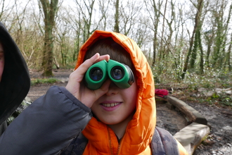 Boy looking through binoculars in a woodland.