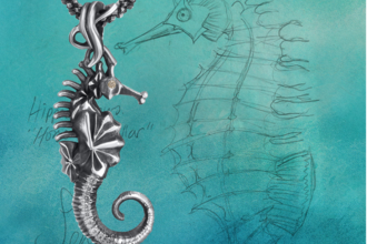 Silver seahorse pendant on a teal background with a seahorse drawn with pencil on it. 