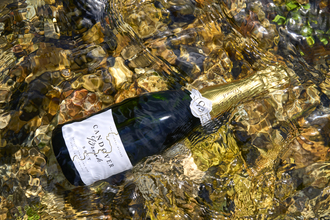 A bottle of Candover Brook Brut in a stream submerged in clear waters