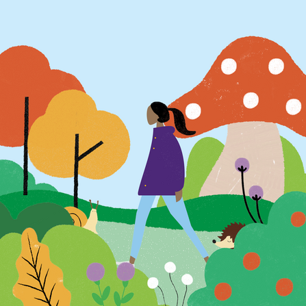 Illustration of a colourful, abstract landscape with a pale blue sky. In the foreground of the image are hedges, flowers, a hedgehog, and a snail. Slightly further from the foreground is a character wearing a purple coat with black hair in a ponytail, walking towards the left-hand side of the image. In the background are trees and an oversized mushroom.