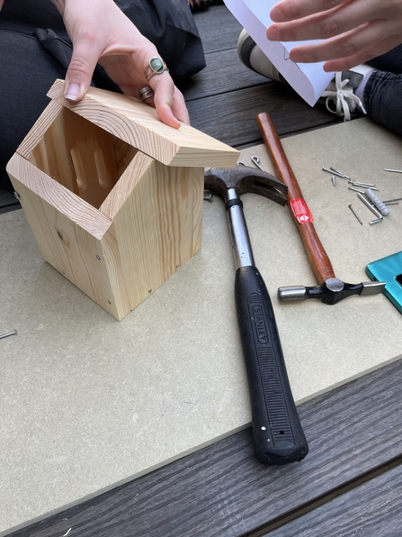 A wooden bird box being assembled