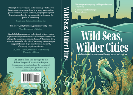 Cover of the book 'Wild Seas, Wilder Cities: A Collection of Environmental Fiction, Poems and Articles.' The artwork features stylized ocean waves with a city skyline merging into a forest. The cover is in green and teal tones with texts about the book’s theme, contributors, and a note that all profits go to the Solent Seas Restoration Project.