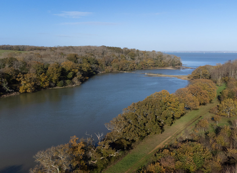 aerial view of King’s Quay, showcasing a winding waterway surrounded by lush trees with autumnal hues. The landscape extends towards the coastline, where the calm blue sea meets the horizon under a clear sky.